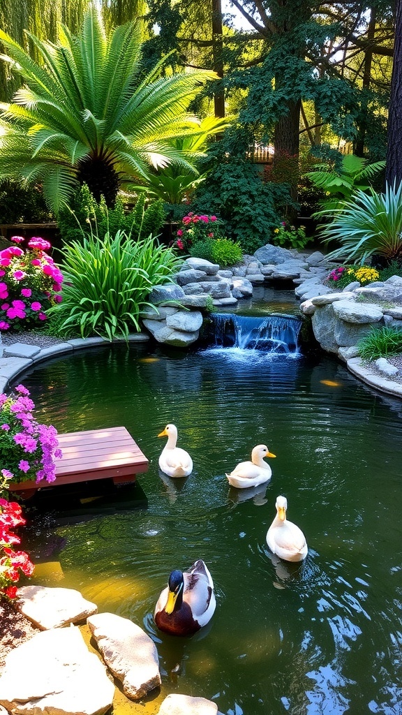 A serene backyard duck pond with ducks, flowers, and a small dock.